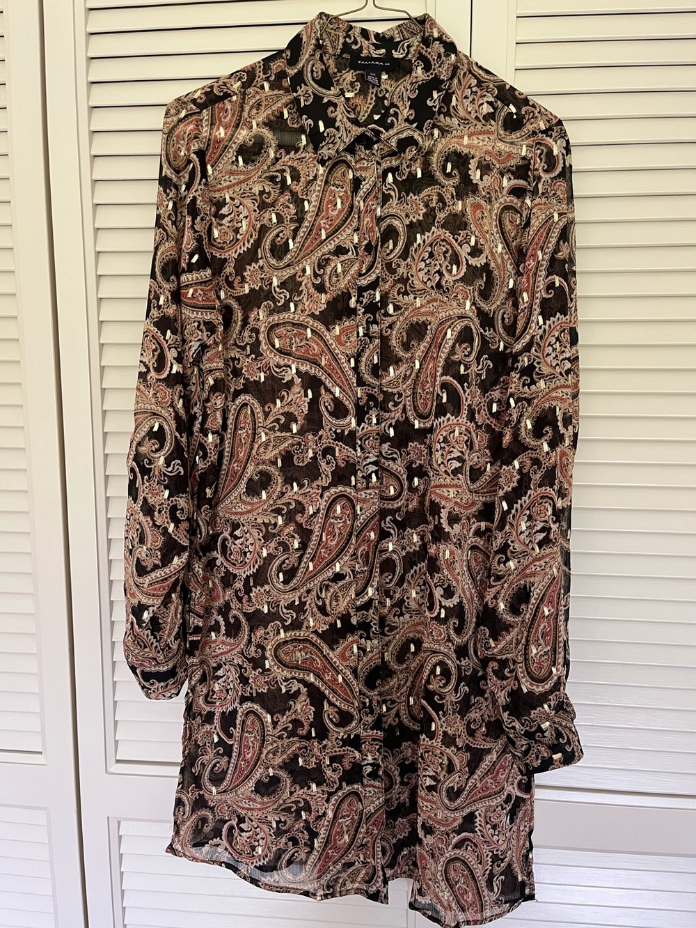 Tamera H long sleeve sheer tunic with metallic gold embroidered detail